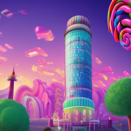 Vibrant Candy City with Mint Water Tower in Gouache Style
