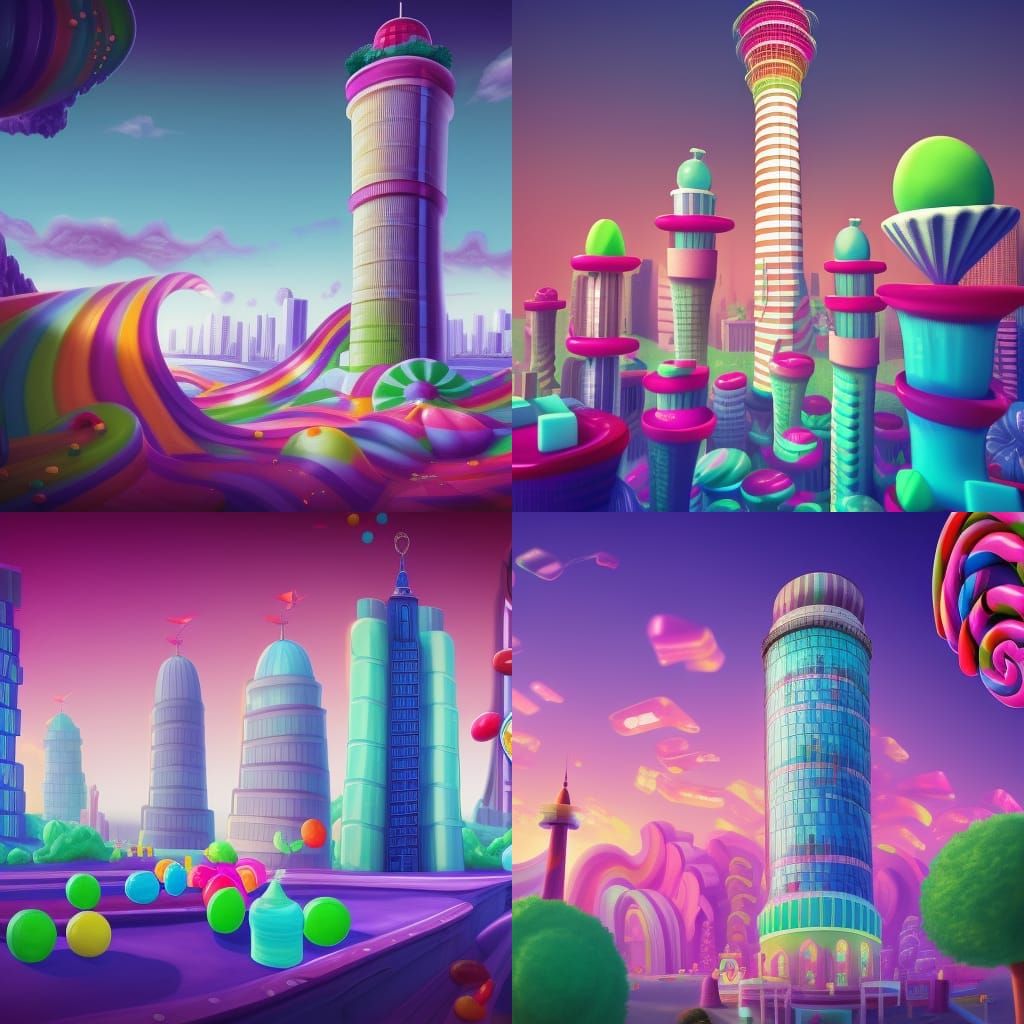 Candy Wonderland: Vibrant Gouache Cityscape