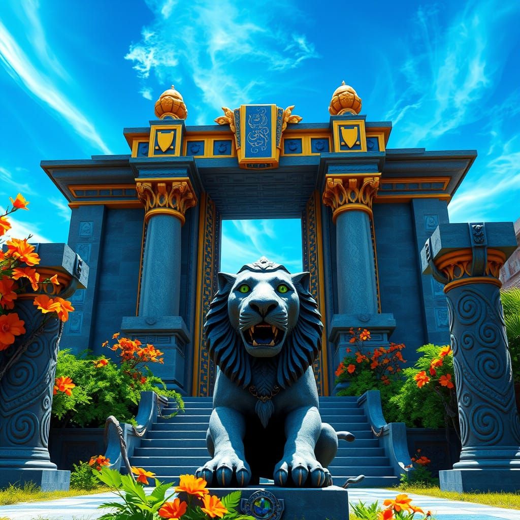 Babylonian Temple Gates in Vibrant, Electric Blue Sky