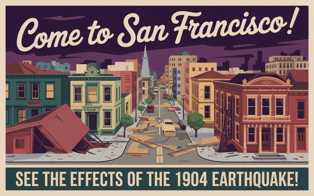 A 1960’s style Travel Poster advertising the 1904 San Francisco Earthquake.