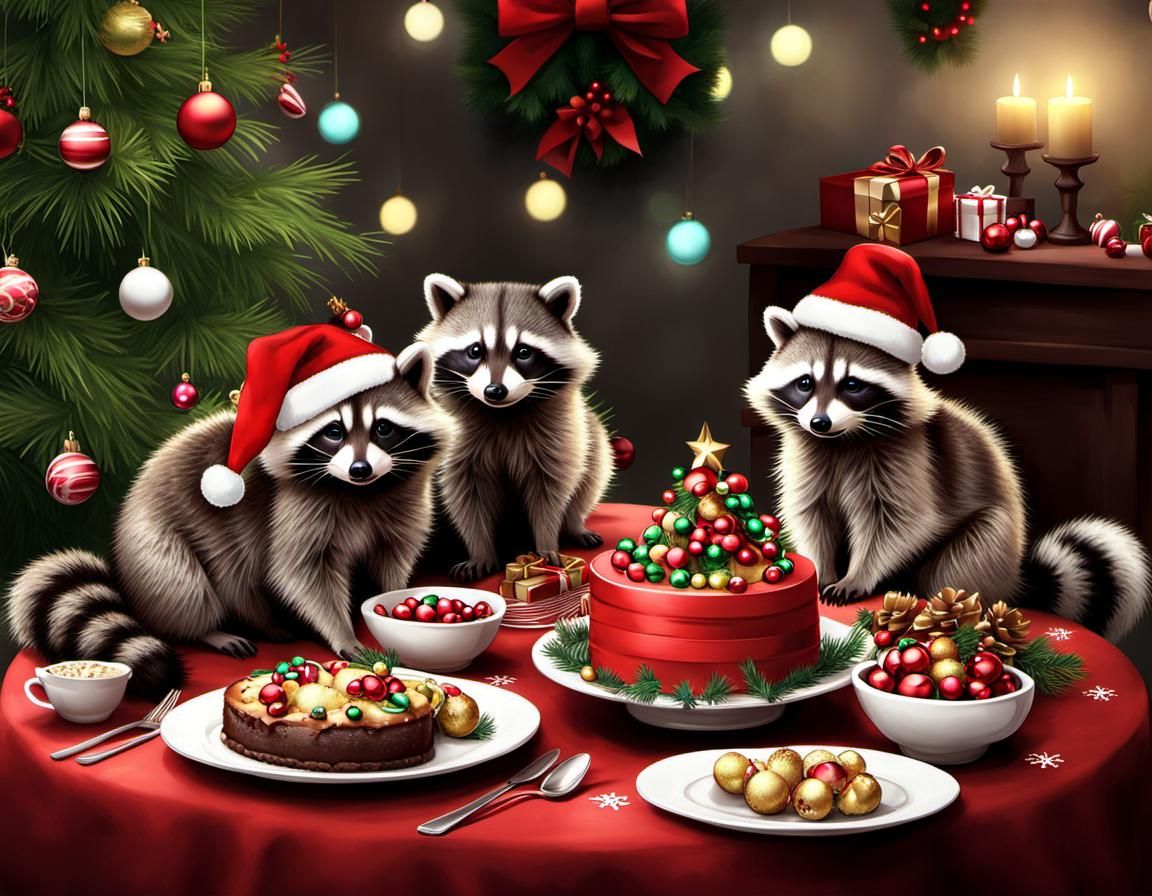 Festive Raccoon Christmas Party in Hyperrealistic Style