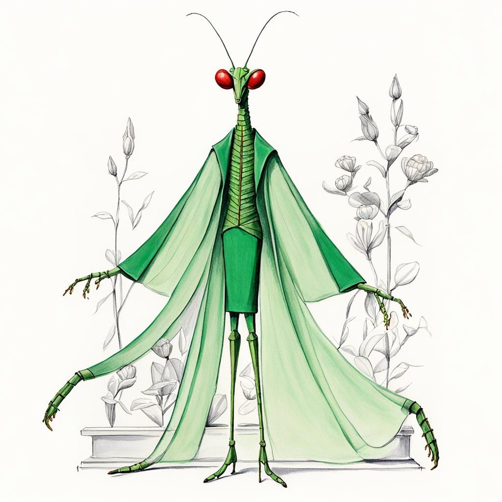 Praying Mantis Fashion Sketch in Surrealist Style