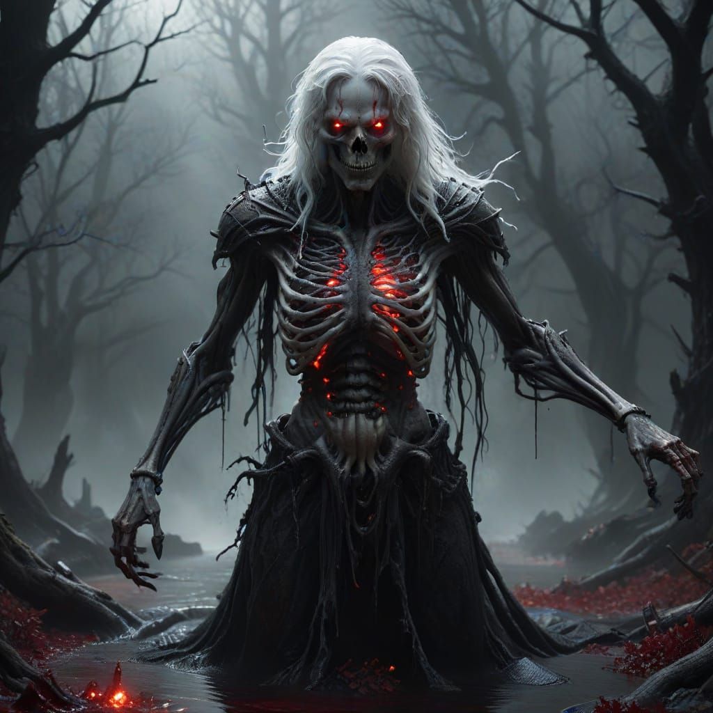 Skeletal Figure Emerges from Dark Pool in Gothic Style