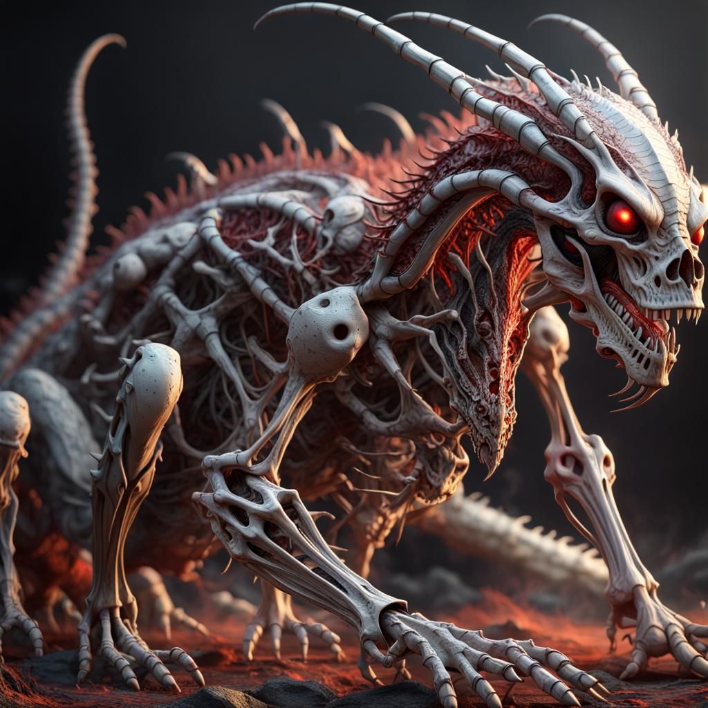 Skeletal Dragon: Macabre 3D Render in Sci-Fi Style
