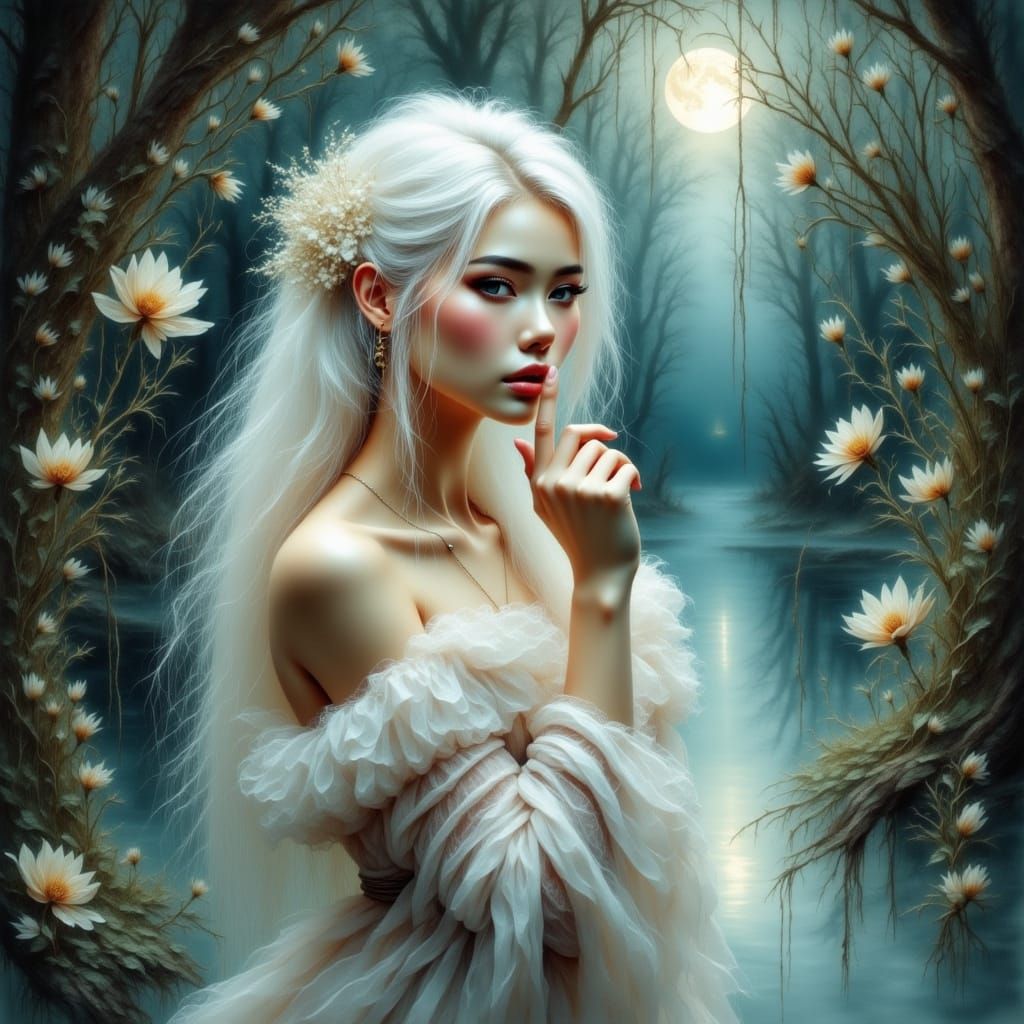 Mystical Woman Silencing in Moonlit Forest