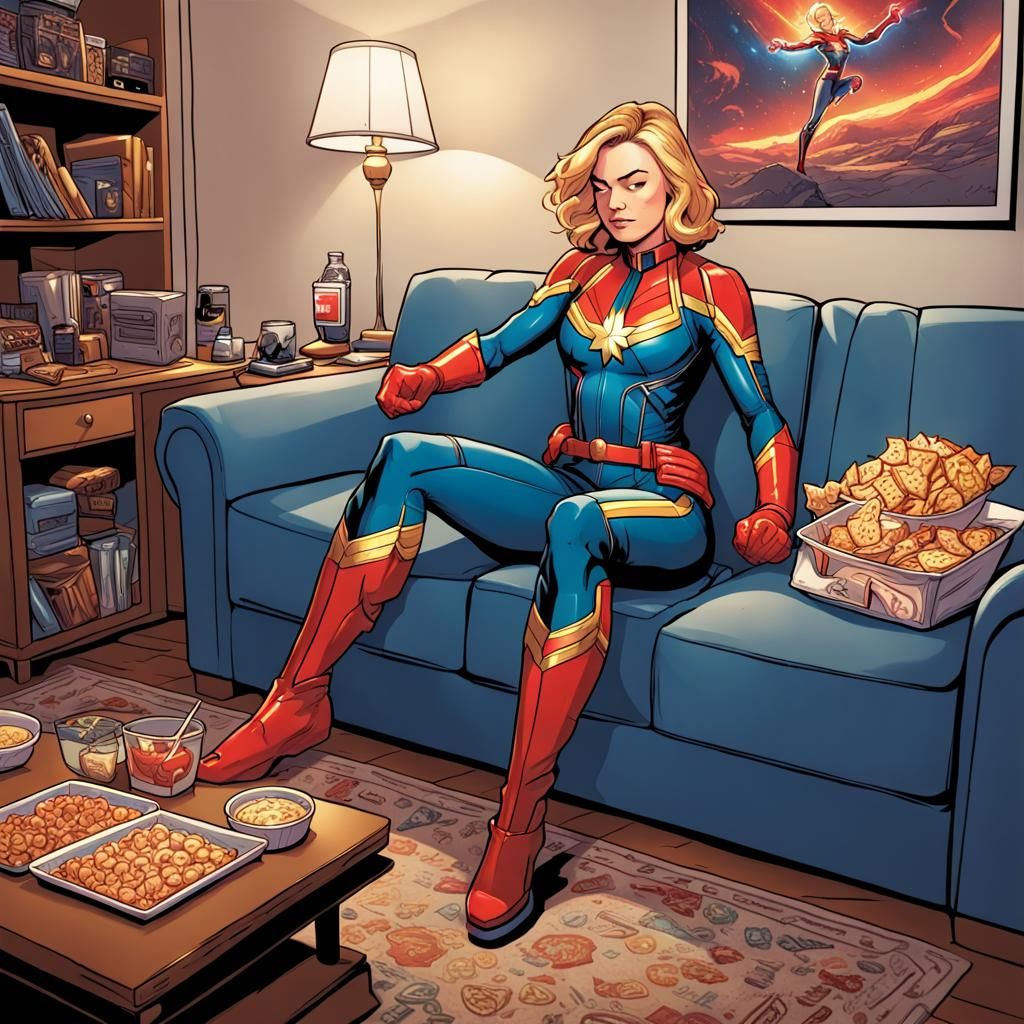 Captain Marvel Relaxing, Comic Book Art Style