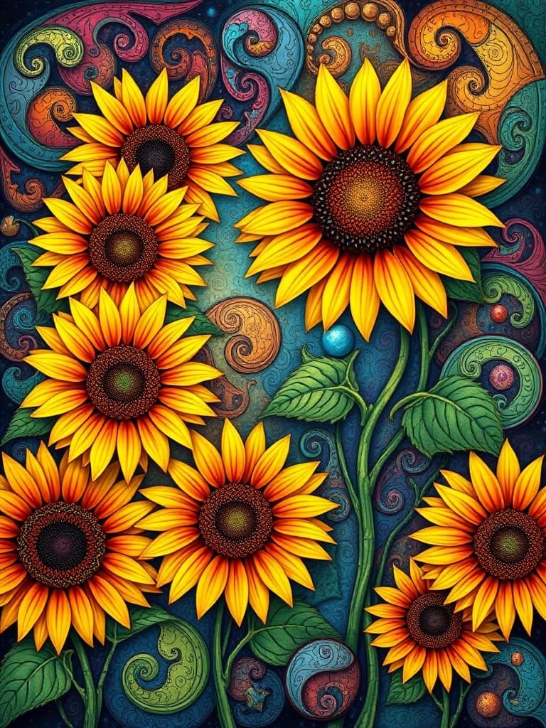 Psychedelic Sunflowers in Eclectic Artistic Style