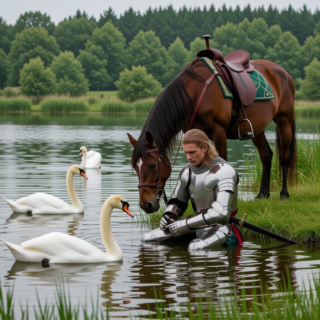 A young and sad medieval knight with his  horse by the lake.