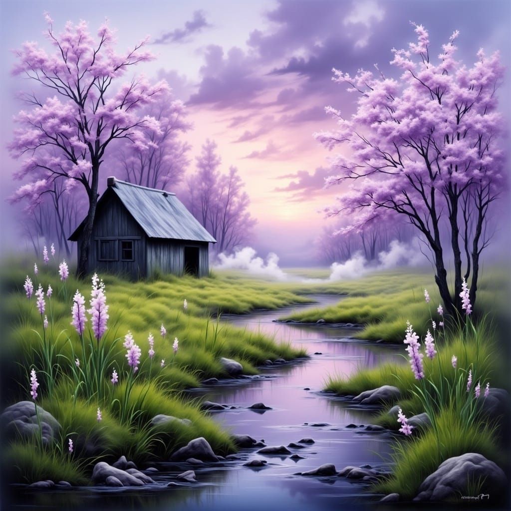 Pastel Cabin in Lavender Field at Sunset