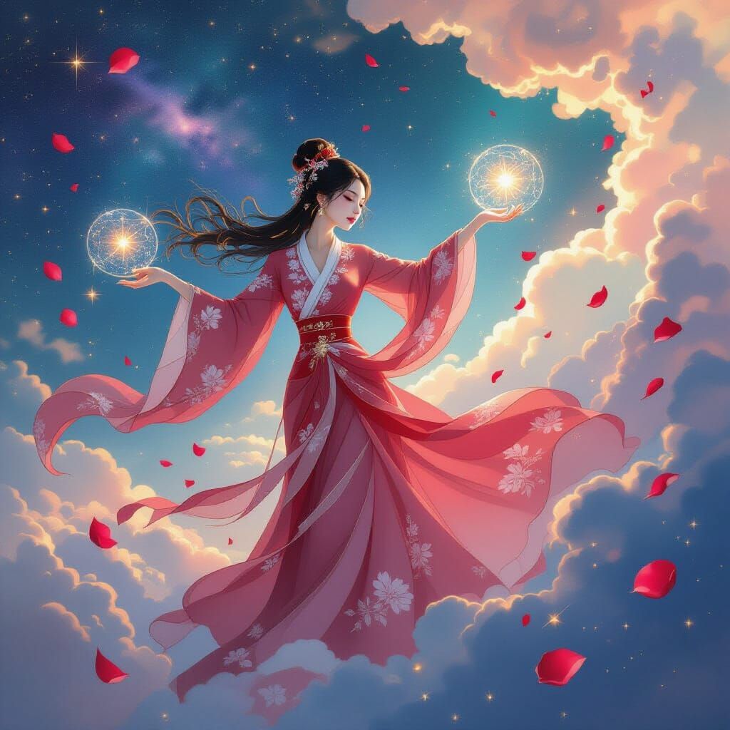 Vietnamese Woman in Cosmic Void, Watercolor Style