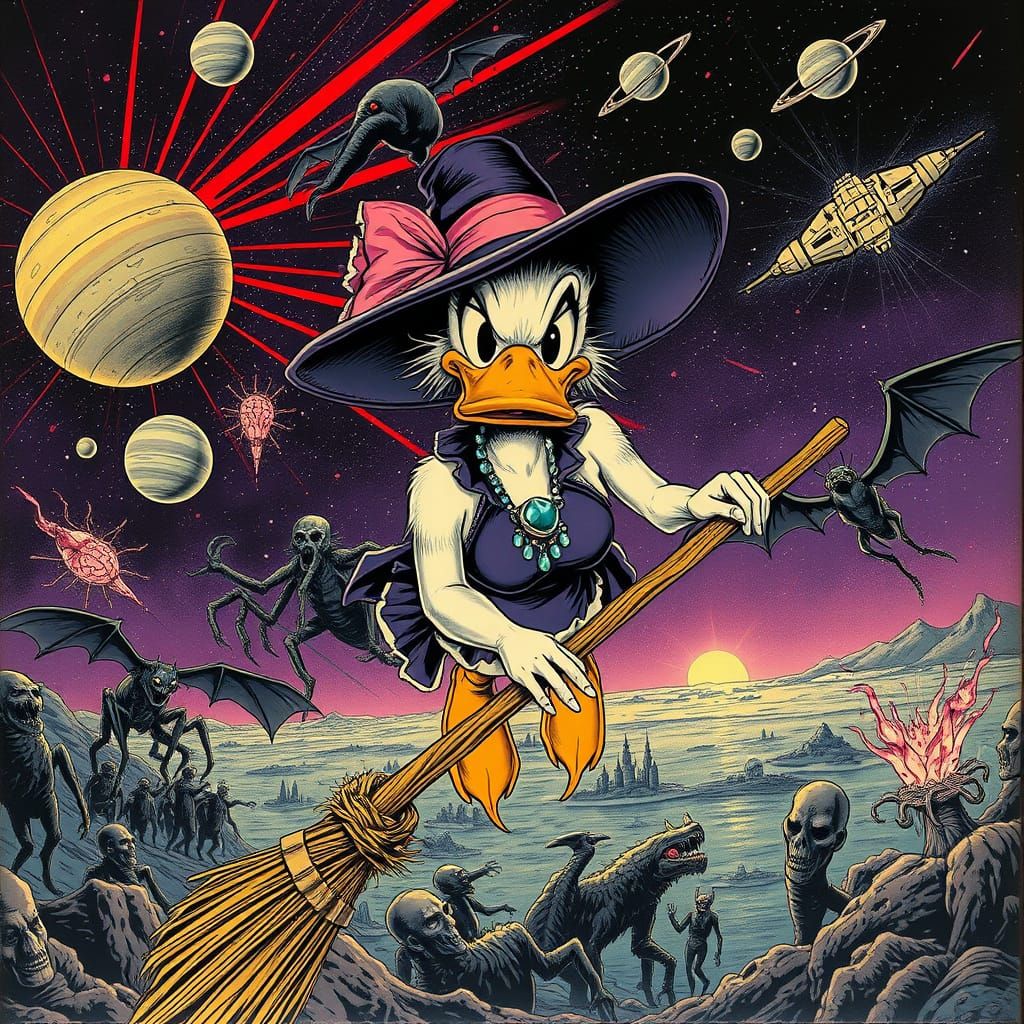 Toxic Linda Duck in Retro Sci-Fi Comic Style