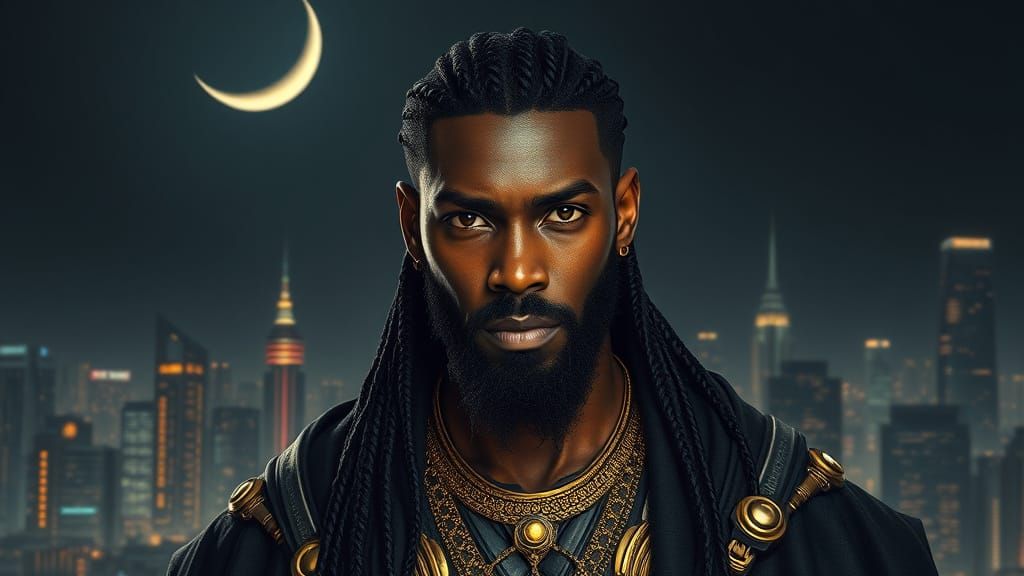 Melanin Male in Cyberpunk Cityscape