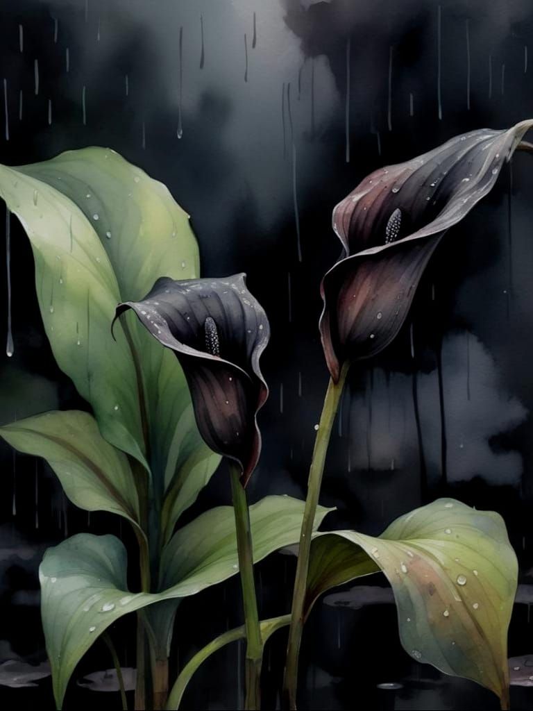 Melancholy Swamp with Black Calla Lilies: Watercolor