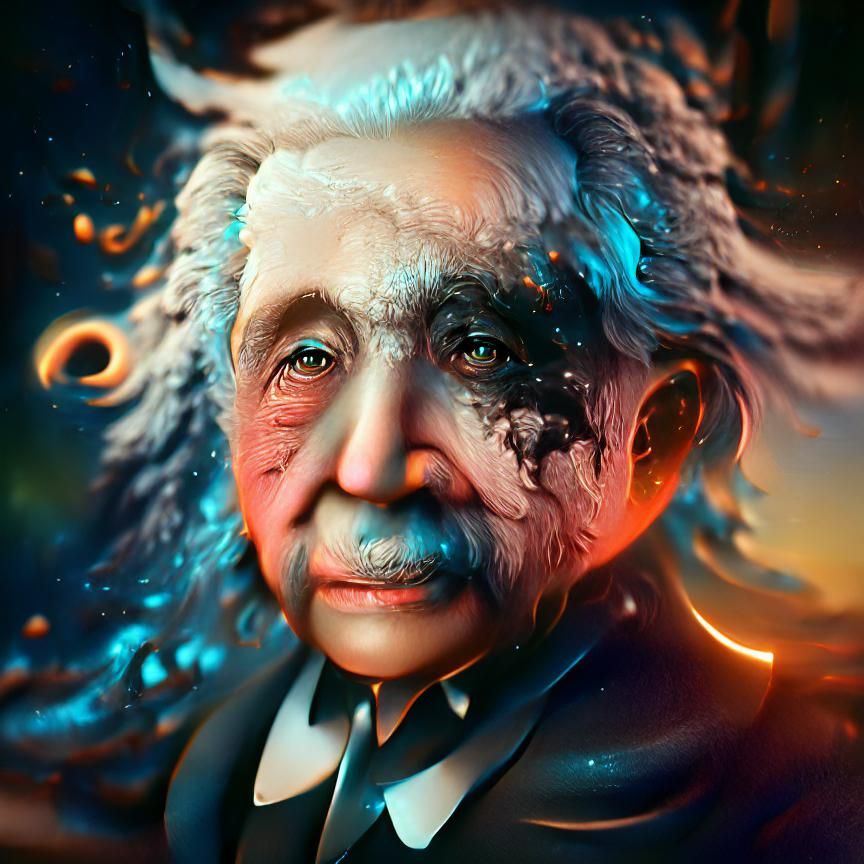 Einstein Portrait with Black Hole in Detailed Matte Painting