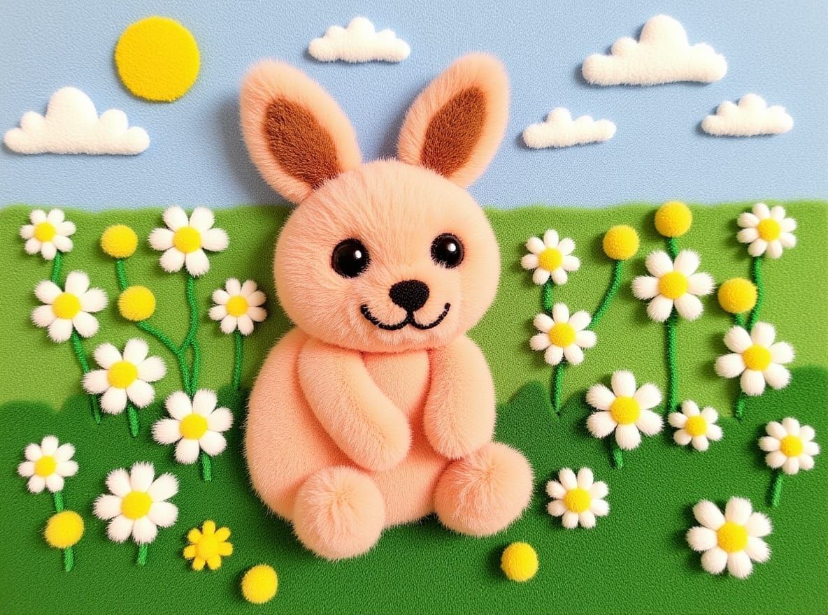 Mosaic Rabbit in Dandelion Field Made of Pom-Poms