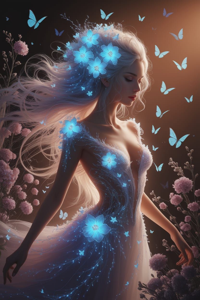 Ethereal Woman with Glowing Flowers: A Digital Painting