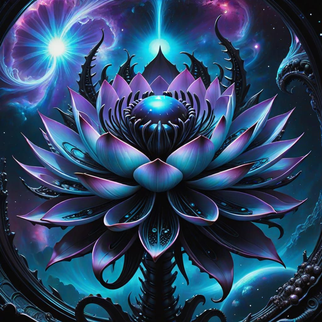 Cosmic Black Lotus Bloom in Swirling Iridescent Hues