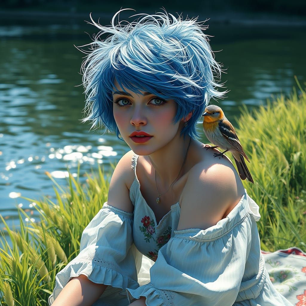 Glamorous Riverbank Portrait in Triadic Colors