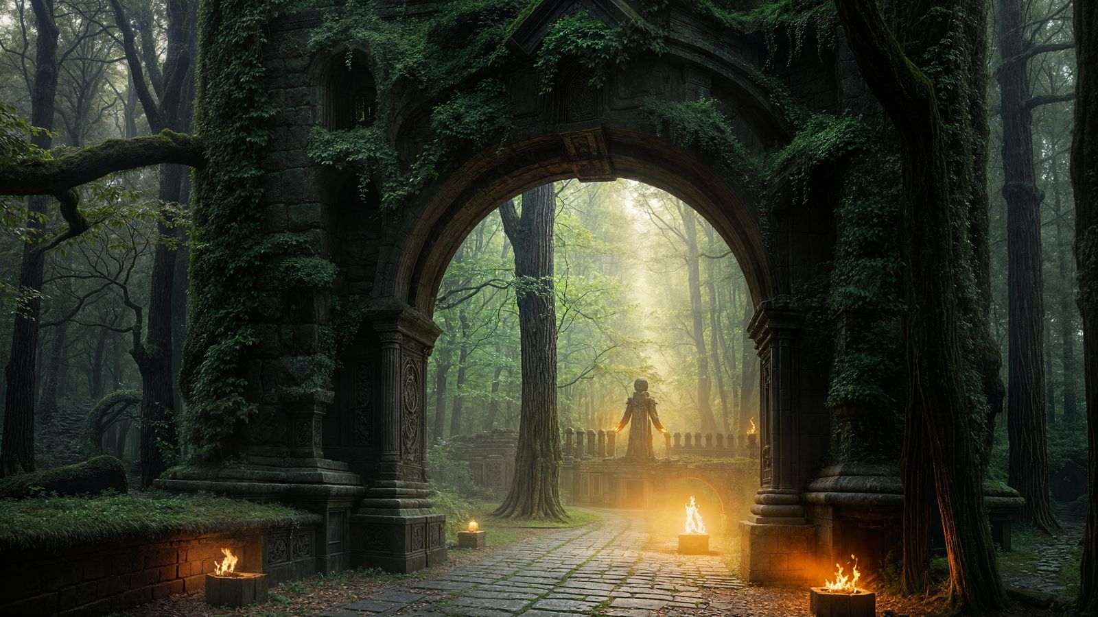 Enchanted Shrine in Ancient Forest with Glowing Runes