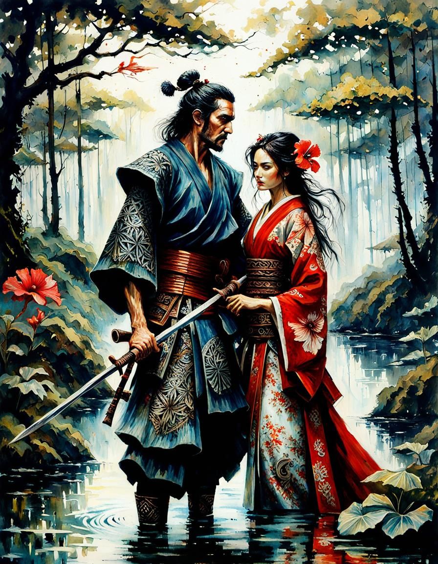 Samurai Couple in Hibiscus Pond: Dark Fantasy Art