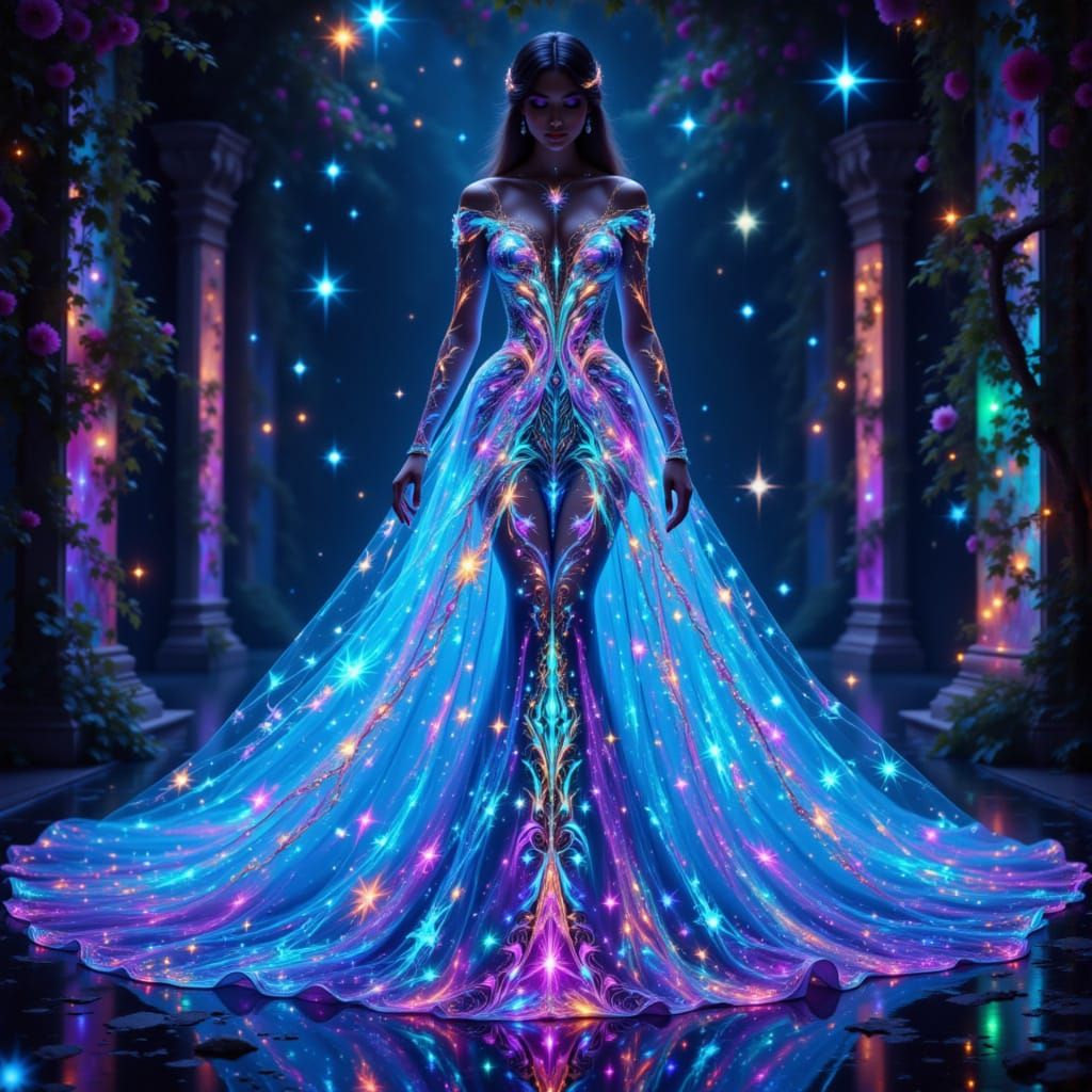 Bioluminescent Gown Pulsing with Neon Hues