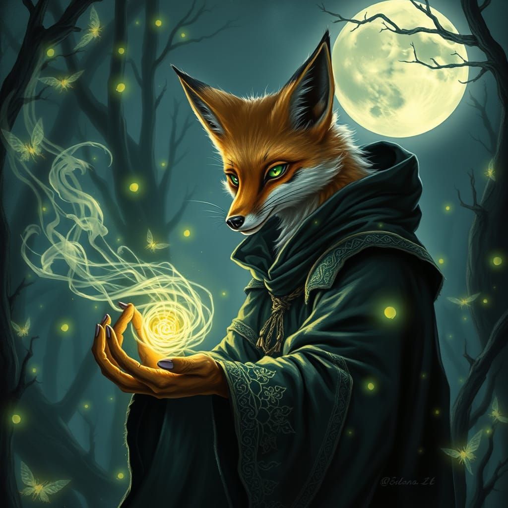 Sorcerer Fox Weaves Mystical Spells in Moonlit Forest