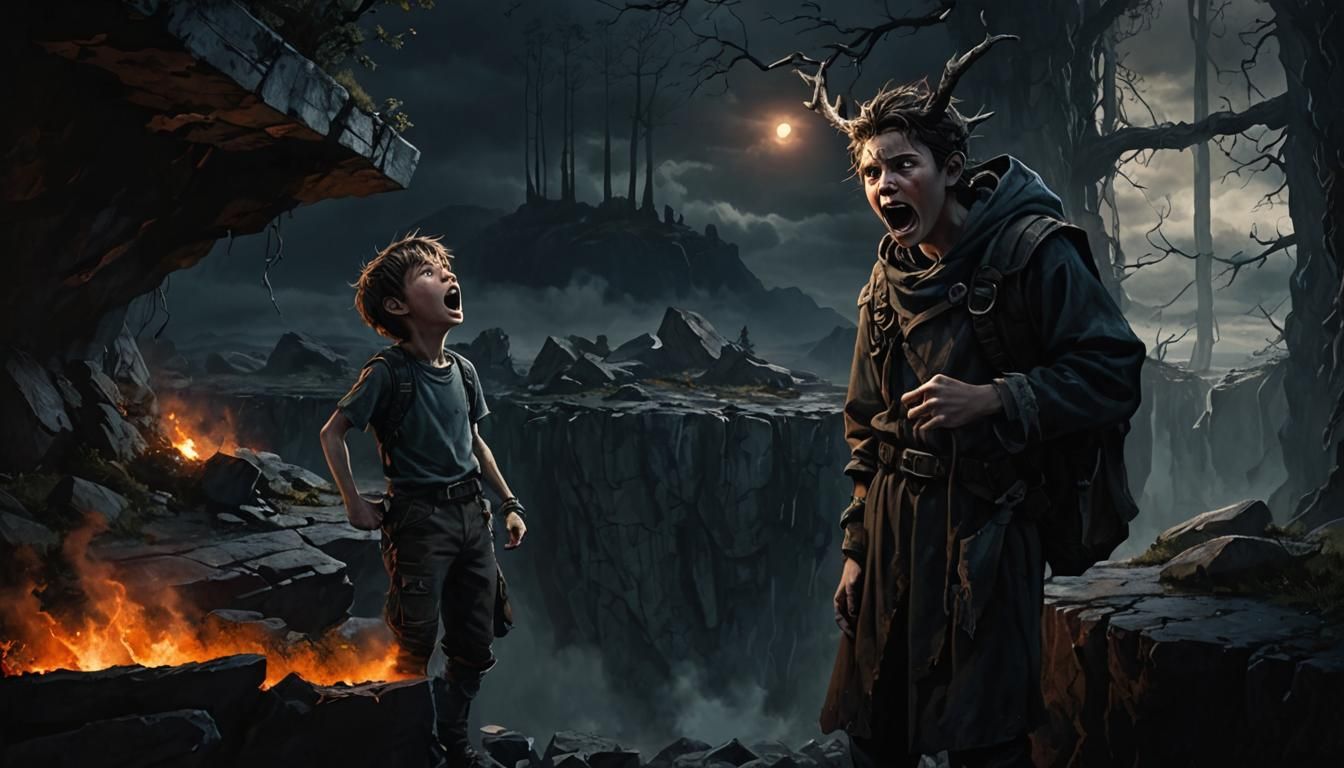Young Boy Stands on Cliff's Edge, Screaming into Dark, Foreb...