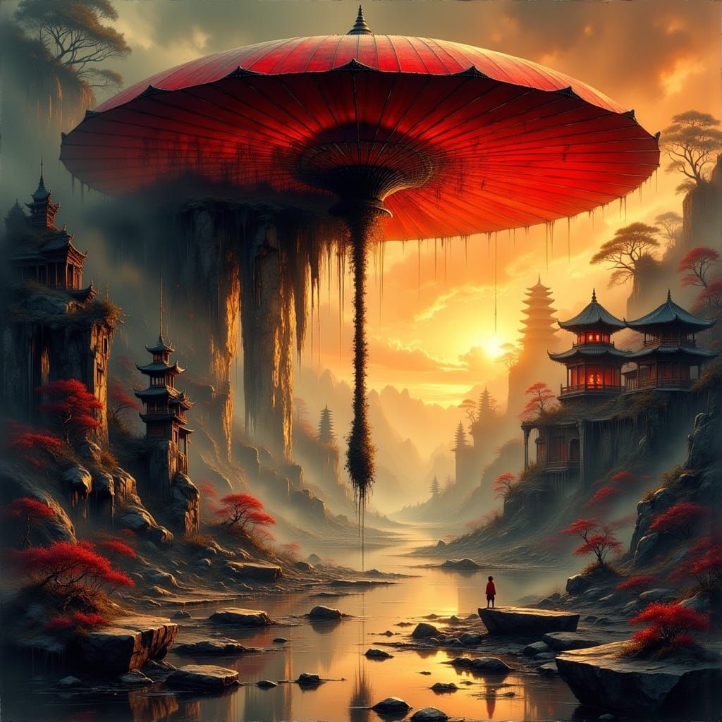 Mythic Dreamscape: Red and Black Parasol World
