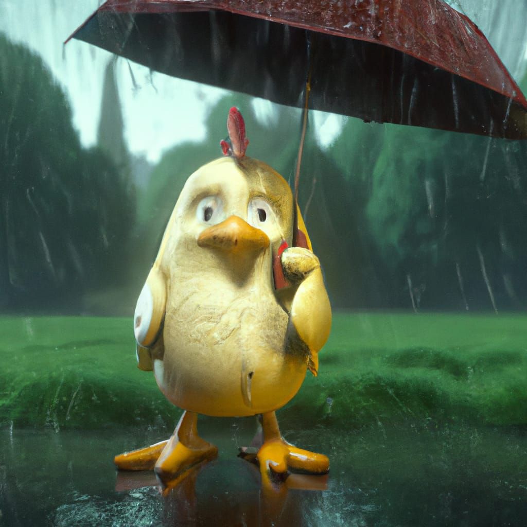 Unhappy Chicken in Rain with Umbrella