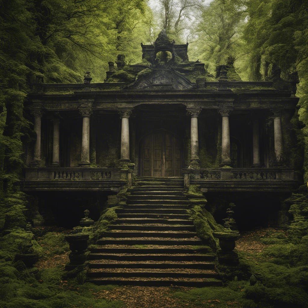 Moss-Covered Castle with Gold Furniture in Dark Fantasy Styl...