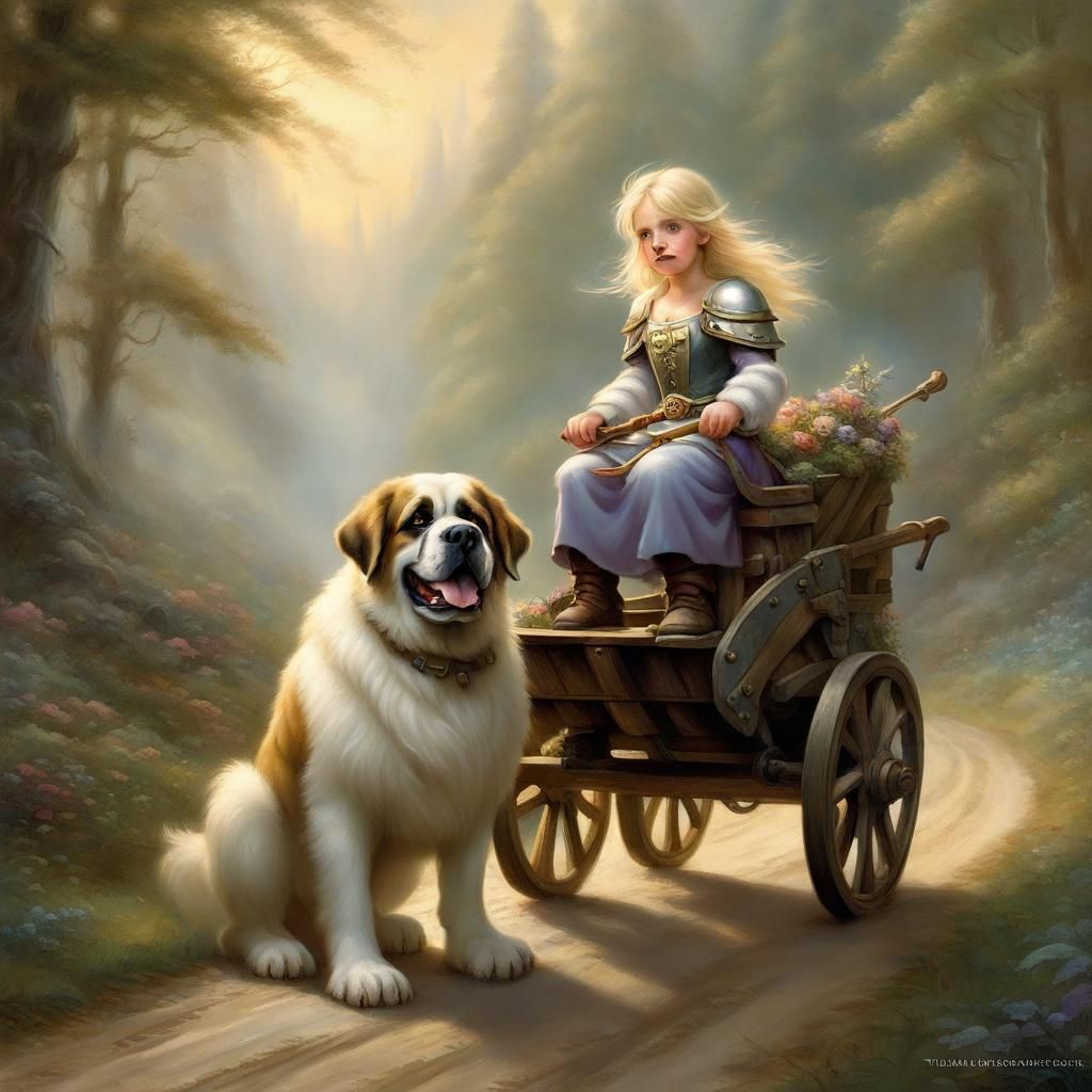 Armored Gnome Girl Rides Saint Bernard Dog