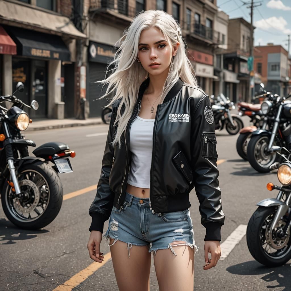 Motorcycle Beauty with White Hair and Bokeh