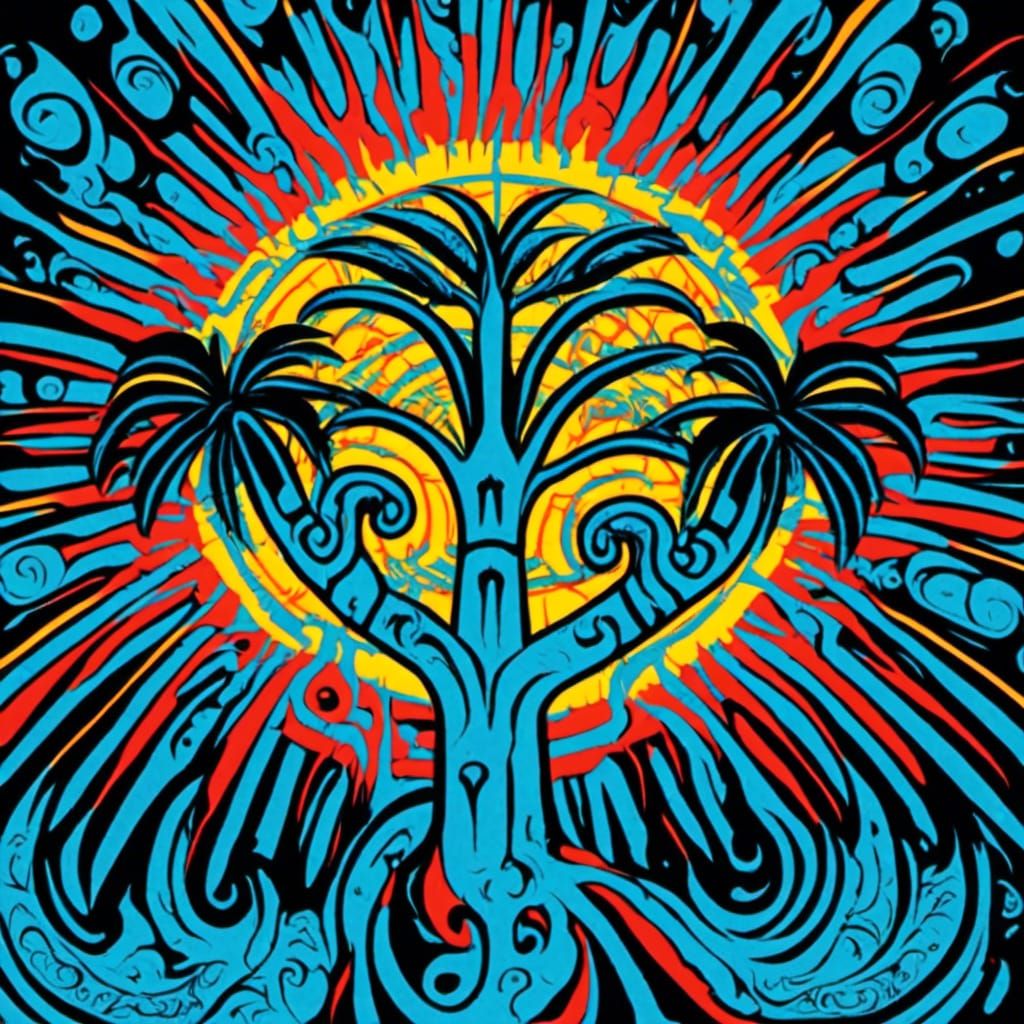 <lora:HaidaStyle:1.0> a palm tree with the sun behind it .Haida style Brown, green, black, cyan and yellow