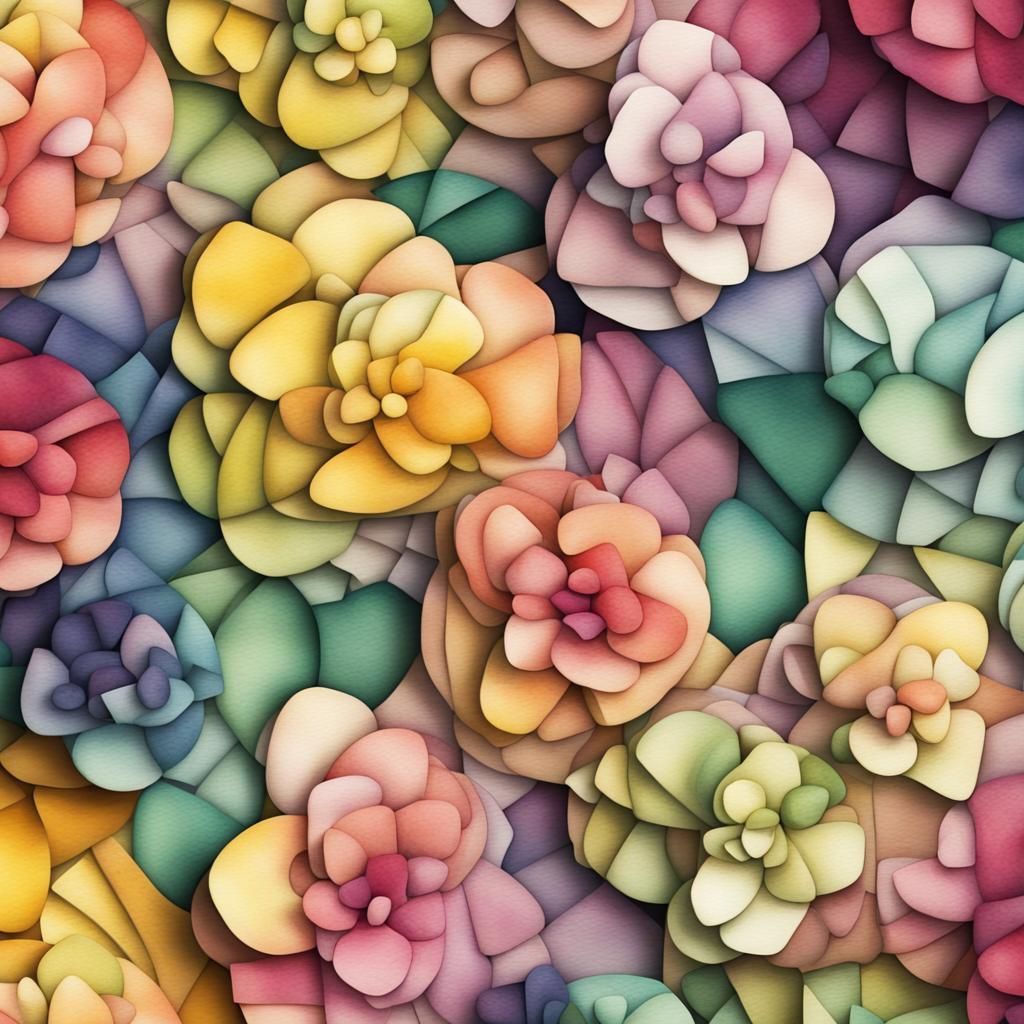 Junk Journal Background, 3d Abstract Shapes Mosaic Watercolor, Primrose Flower Color Palette, Deep Layered 3d Shading, L...