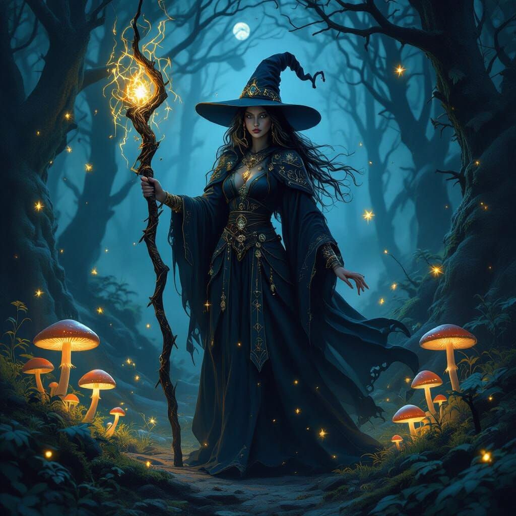 Mystical Witch in Ancient Forest at Midnight
