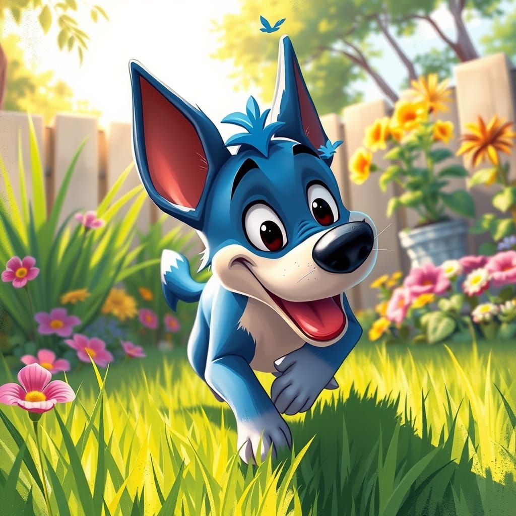 Blue Heeler Dog Playing in Sun-Drenched Backyard