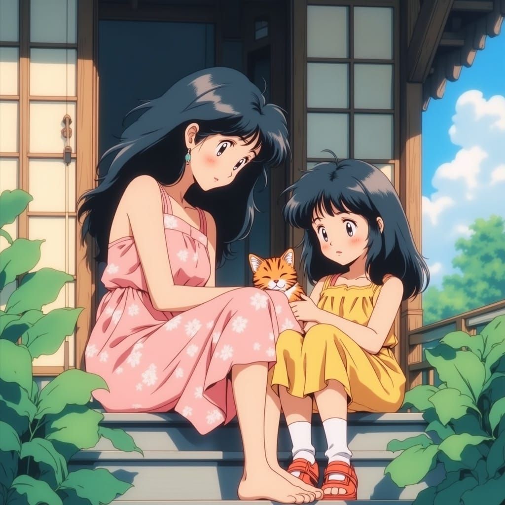 Heartwarming 80s Anime Scene of Mother and Daughter with Cat