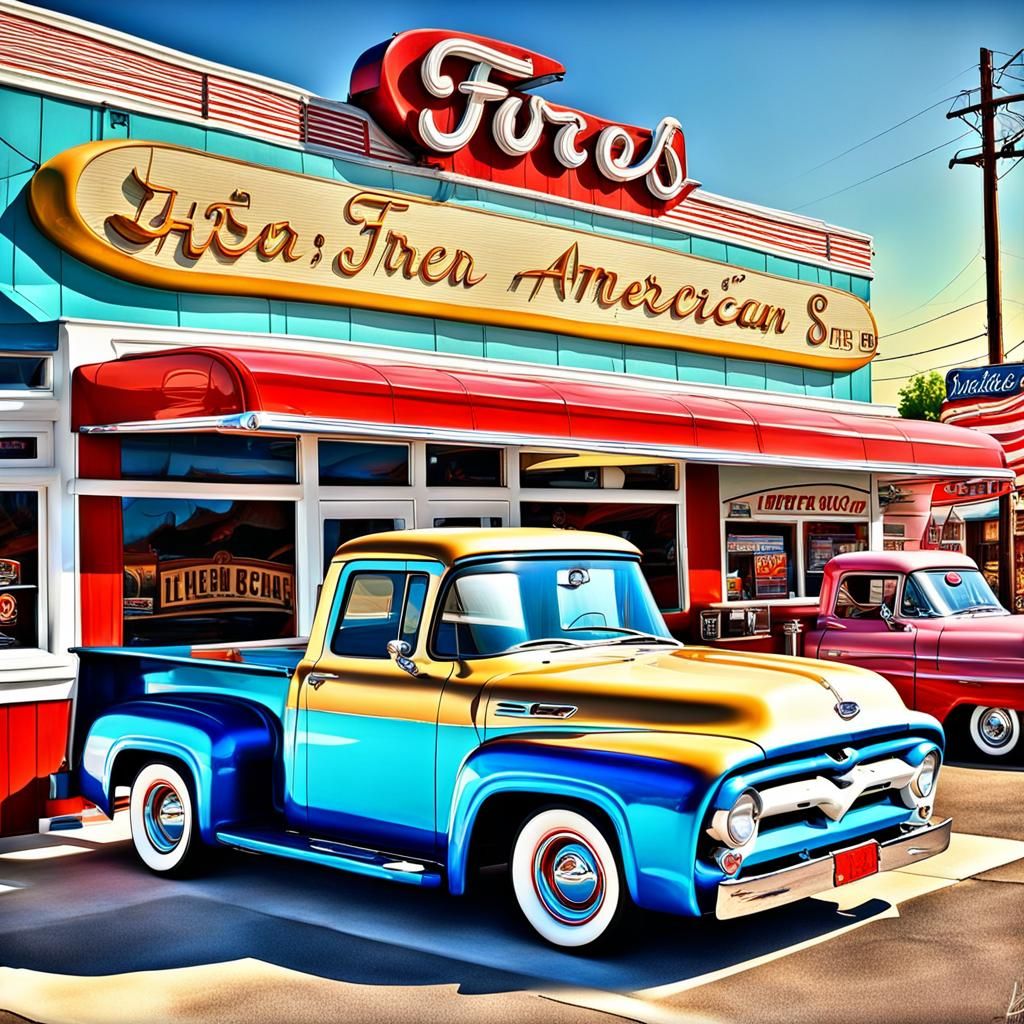 1955 Ford F-100 Truck in Rural 50s Diner Scene