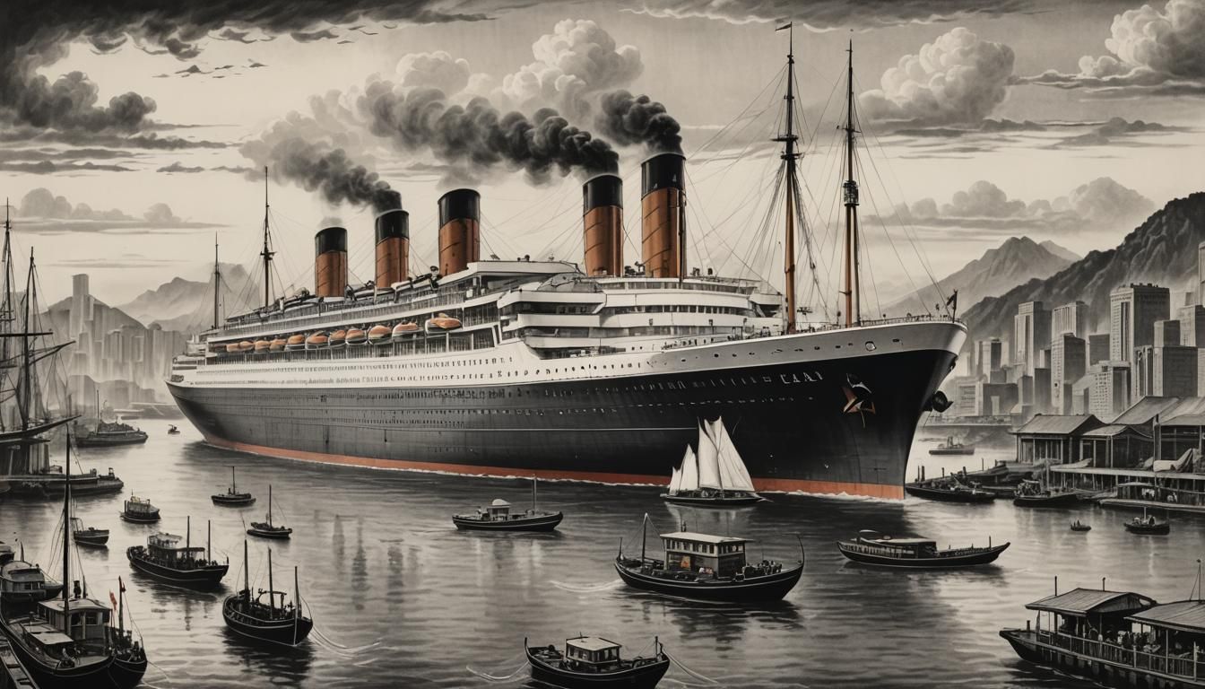 Ocean Liner Arrival in Asian Port: Hyperdetailed Drawing