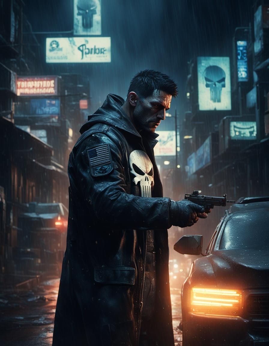 The Punisher in a Cyberpunk Alleyway