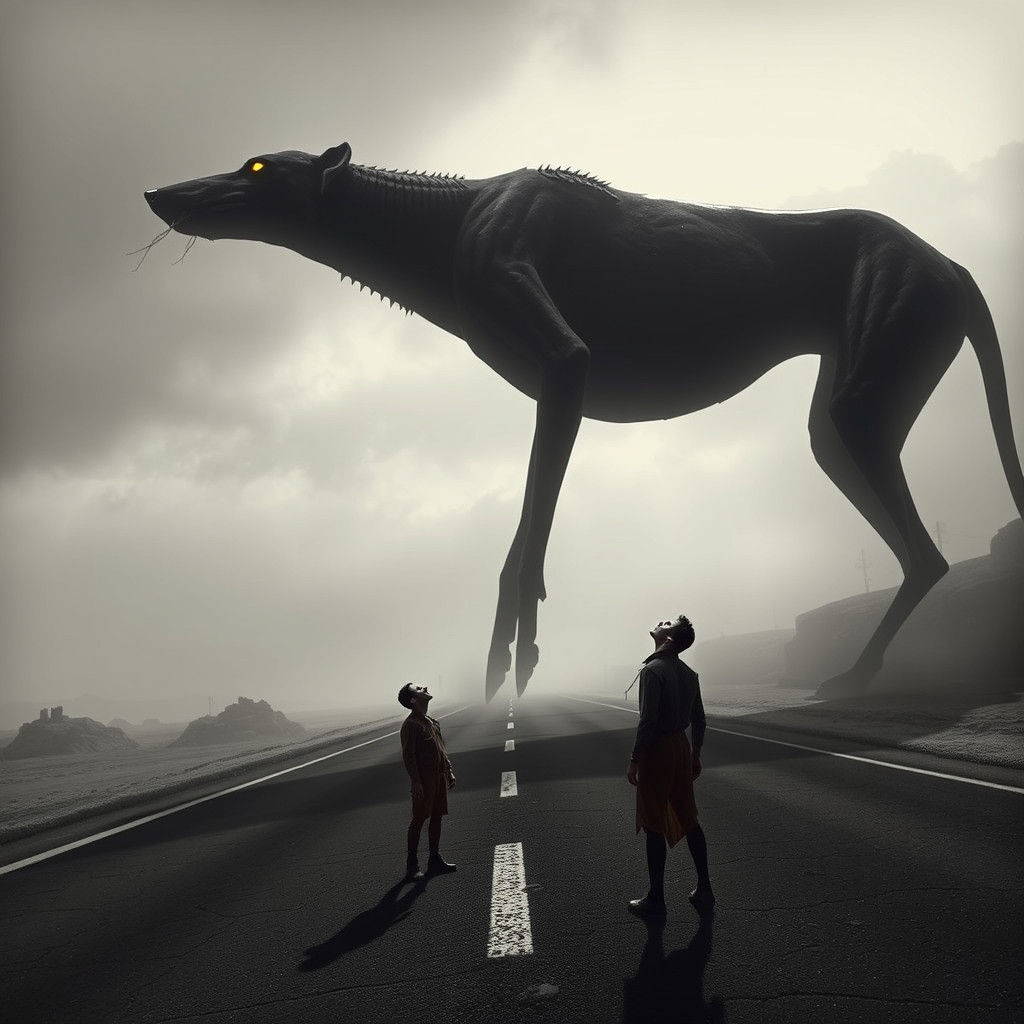 Colossal Saluki Dominates Desolate Highway in Grayscale