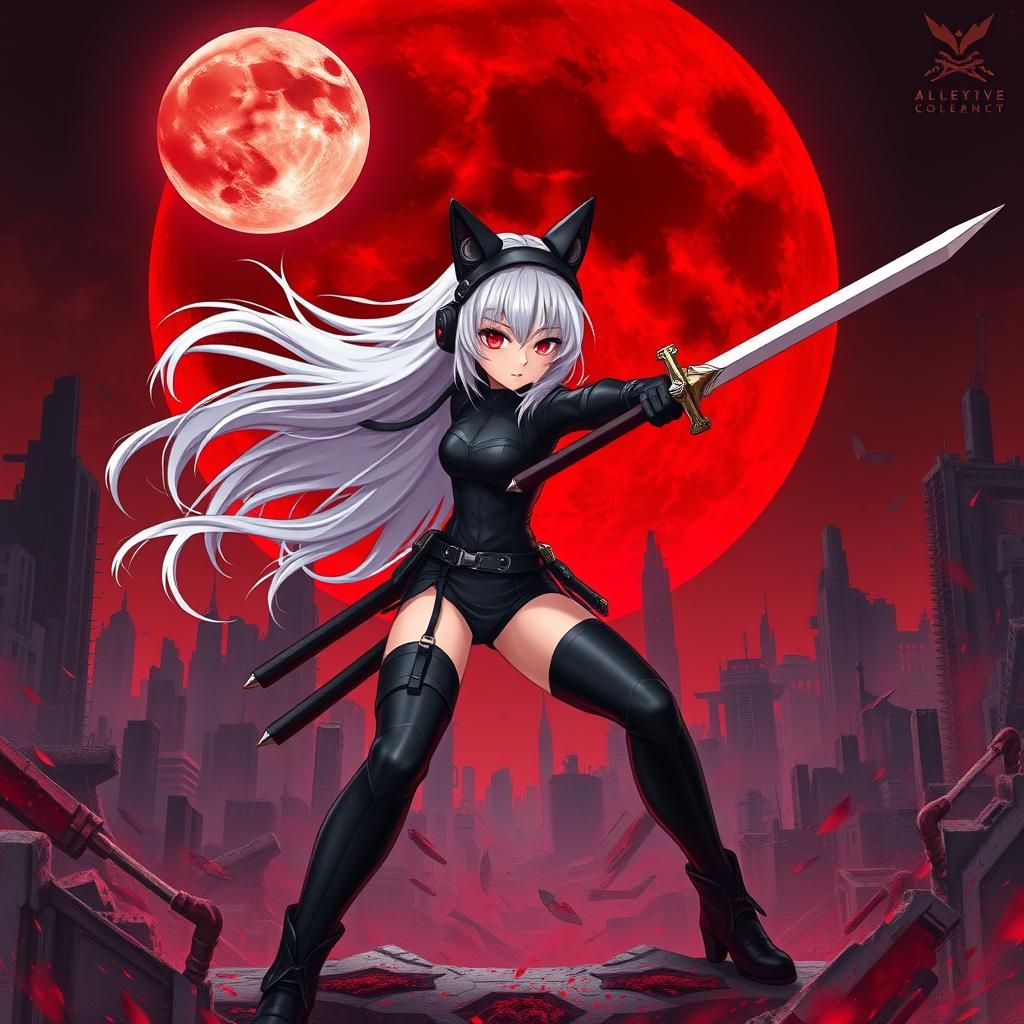 Anime Warrior in Dystopian City Under Blood Moon