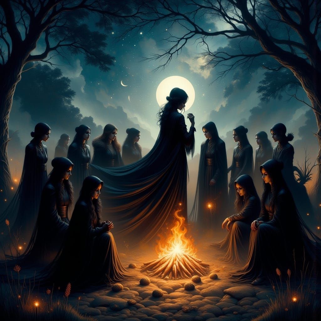 Lilith and Her Coven at Bonfire in Cinematic Style