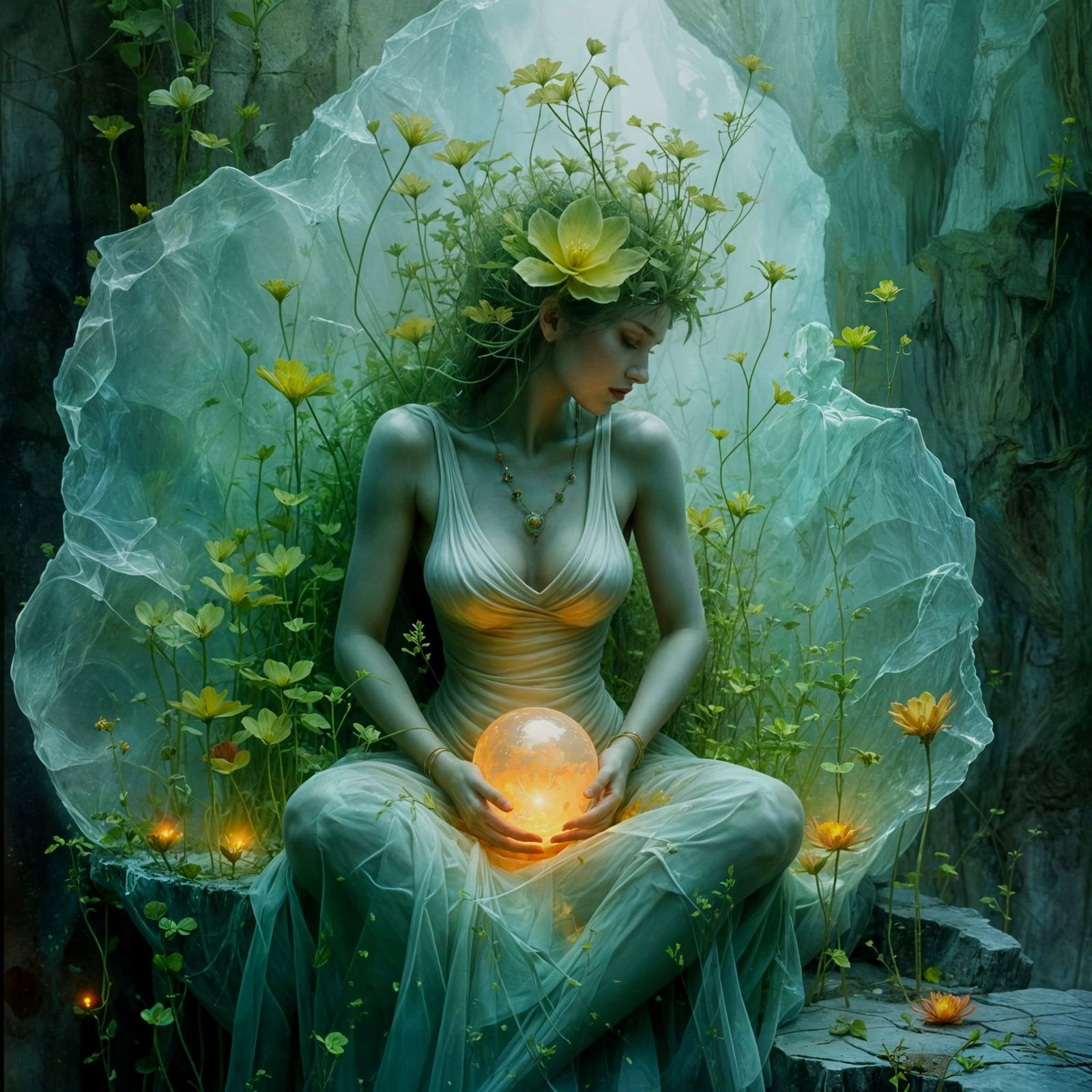 Ethereal Being of Plant Stems Holding Glowing Energy Sphere