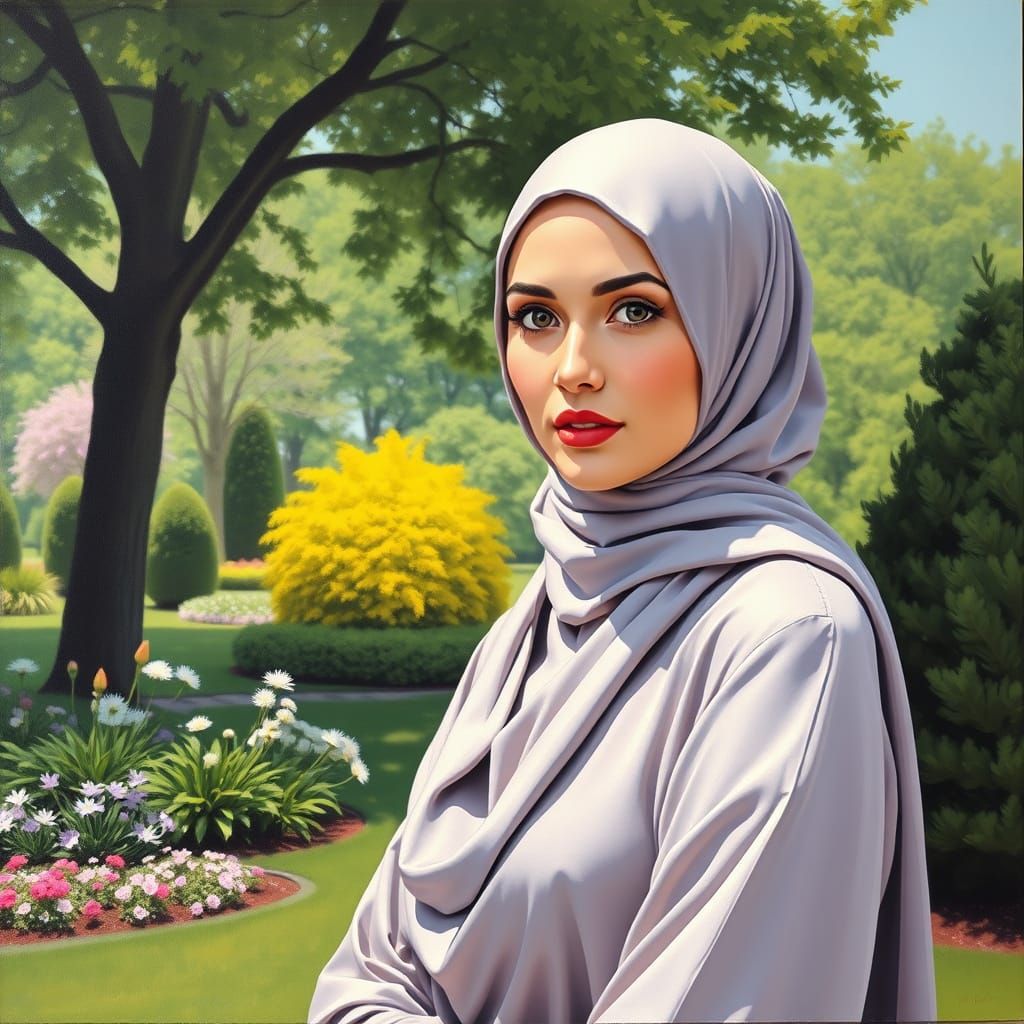Oil Painting of a Modern Heavy Hijabi Woman in Garden
