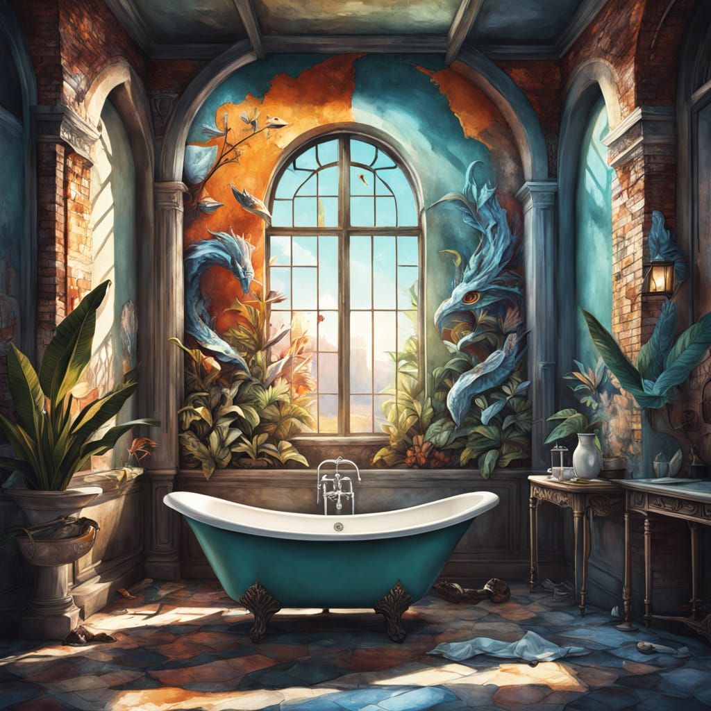 Surreal Bathroom Illusion on Aged Brick Wall