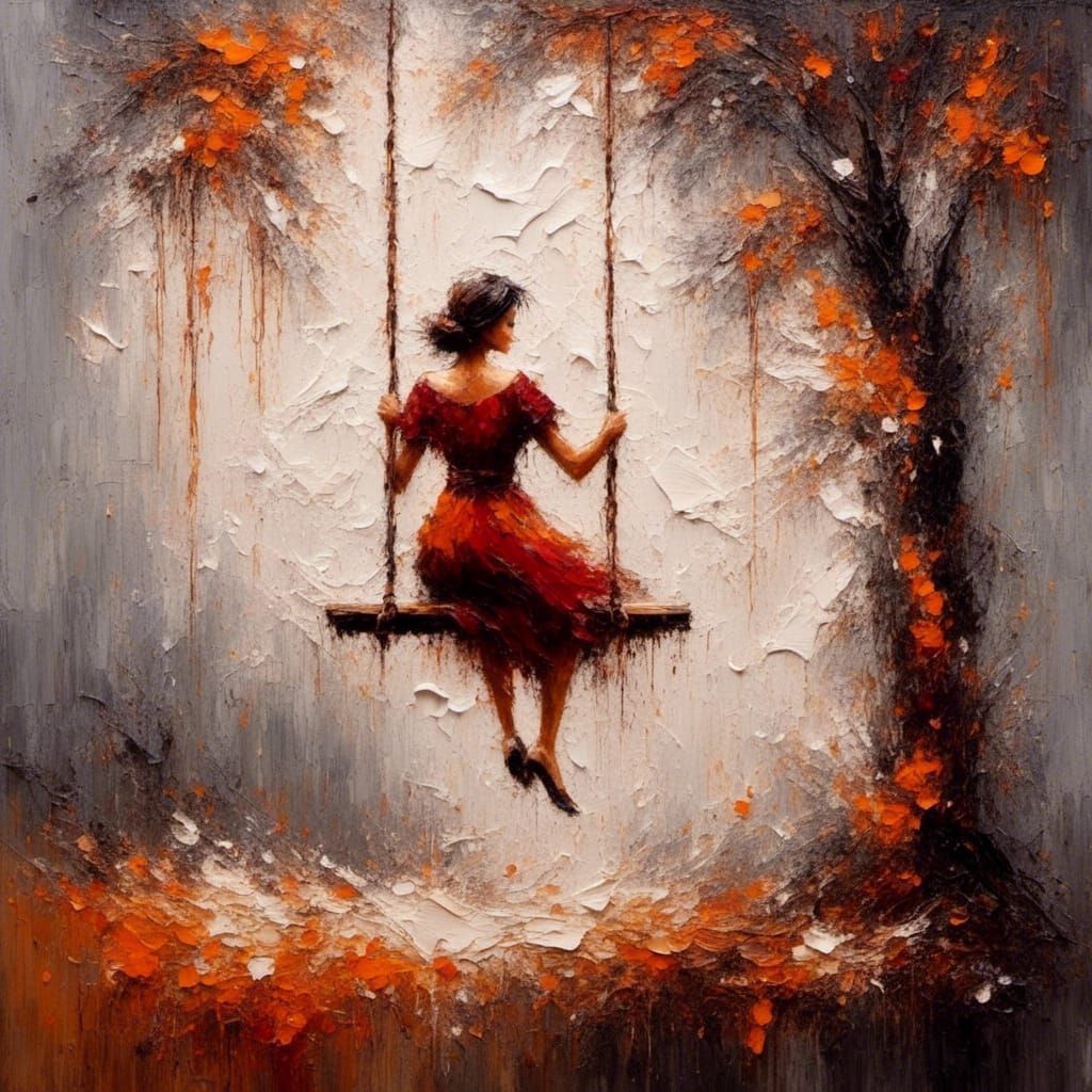 Woman on Swing as Impasto Oil Painting