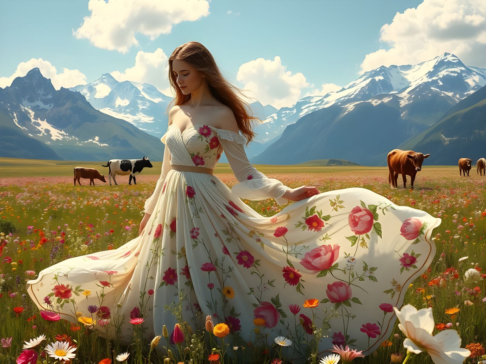 Pre-Raphaelite Woman in Alpine Meadow