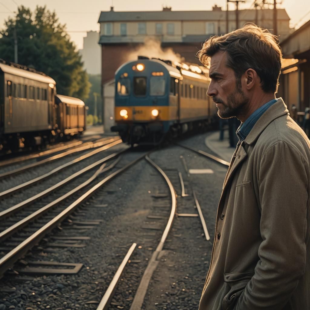Man Watches Train Disappear: Cinematic Film Still
