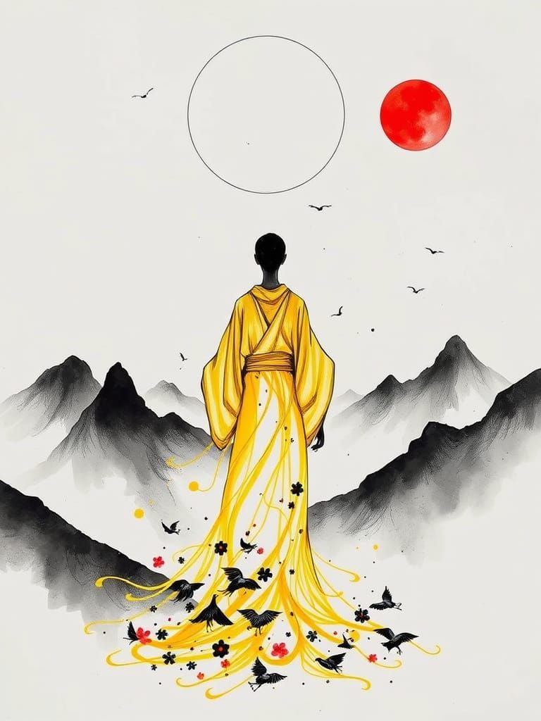 Ethereal Figure Adrift Beneath Celestial Calligraphy